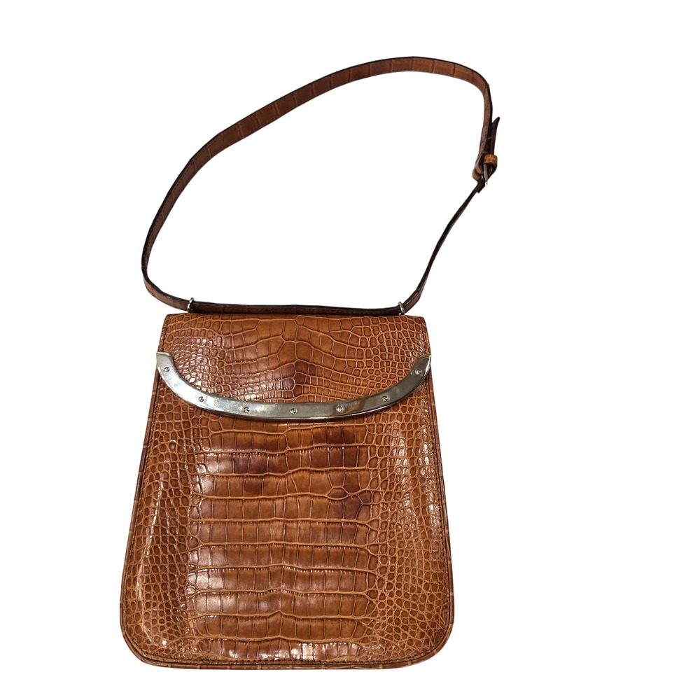 Vtg Ralph Lauren Collection Shoulder Bag Cognac Croc Leather Made in Italy Y2K